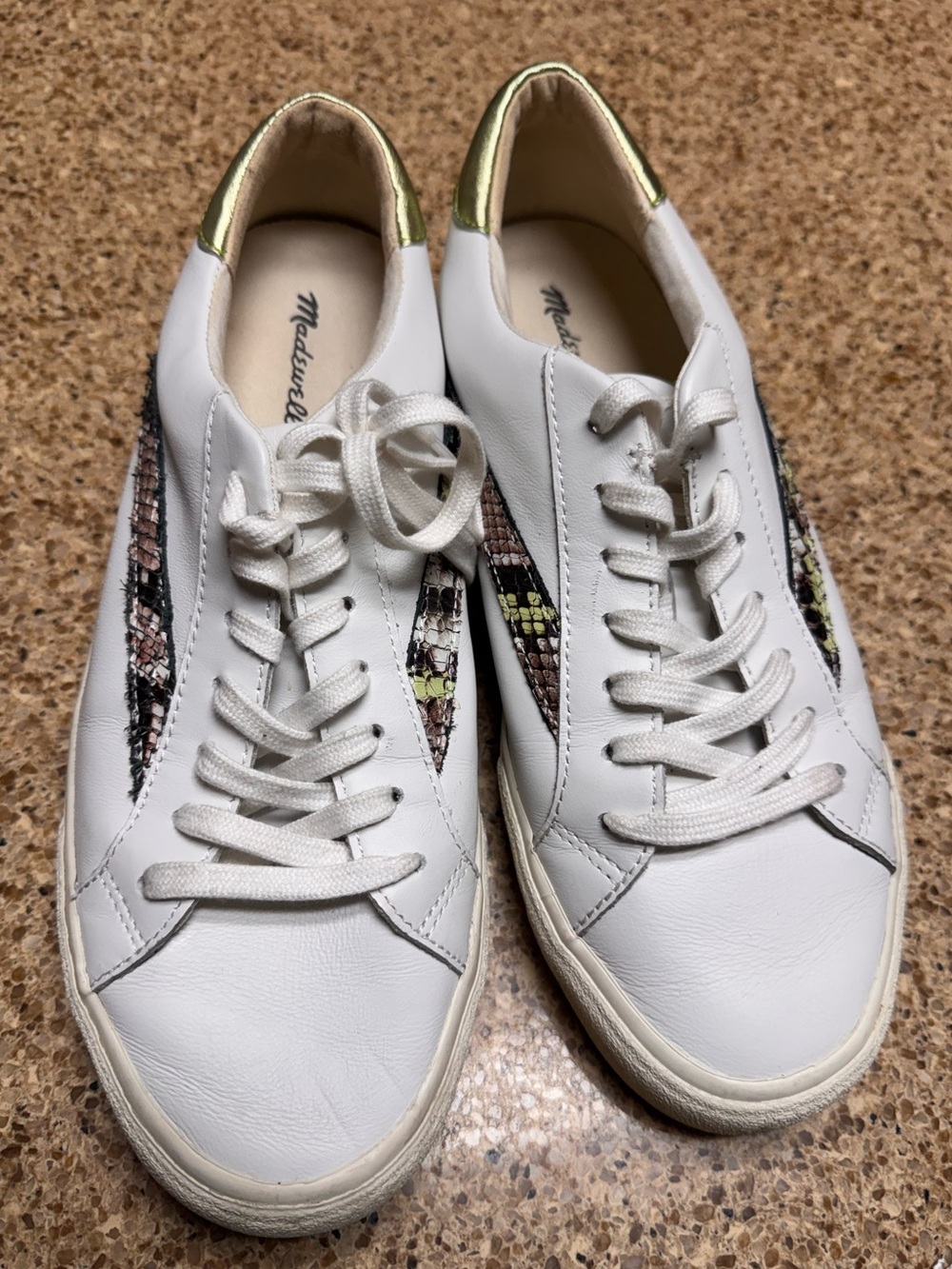 Madewell White Leather Sneakers with Snake-Print Stripe and Gold Heel